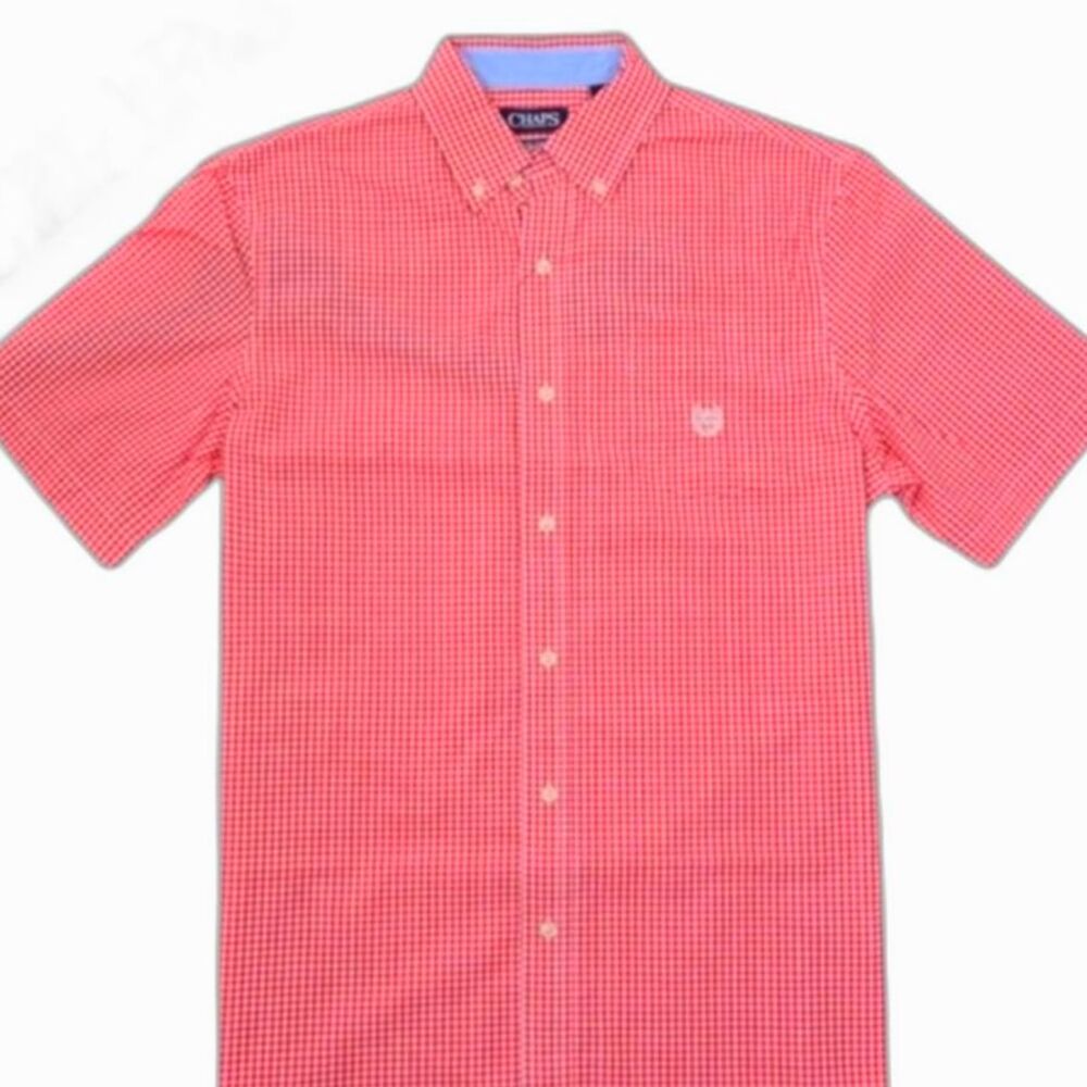 Chaps Easy Care Red Gingham Short Sleeve Button Down Shirt